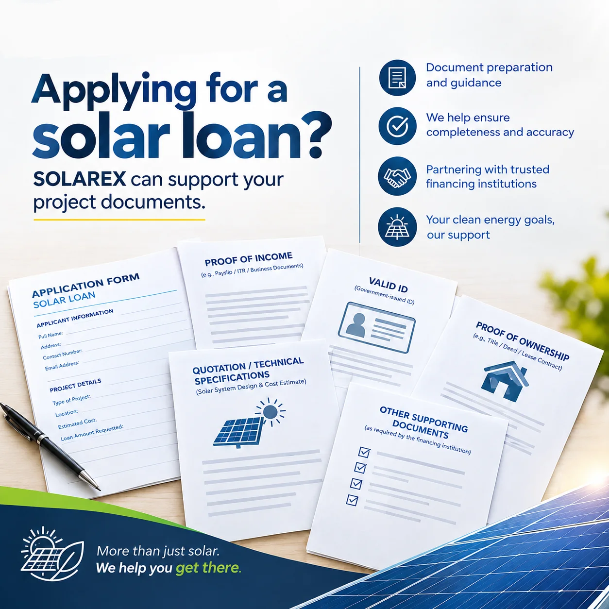 SOLAREX solar-loan support infographic showing project documentation customers can prepare with SOLAREX