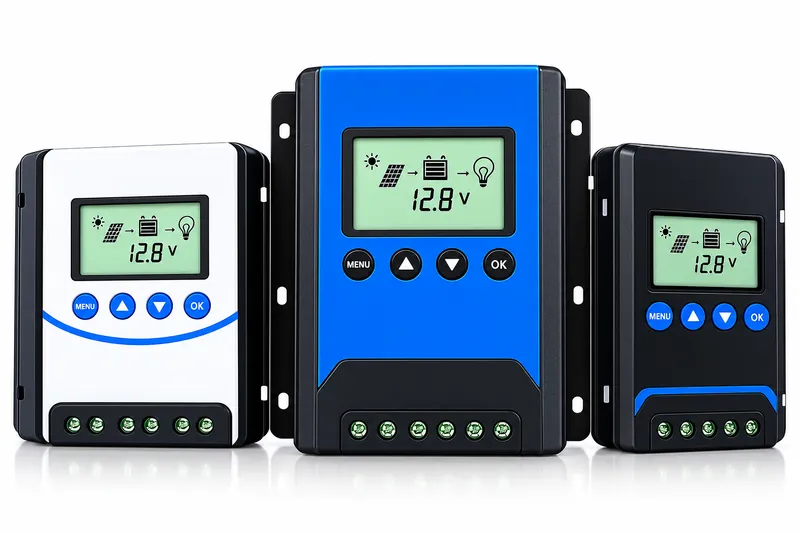 MPPT solar charge controllers with LCD status display and Bluetooth telemetry