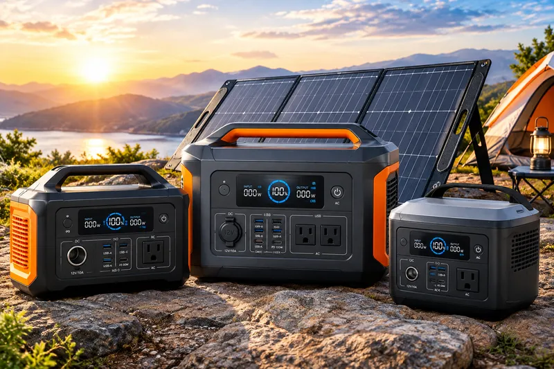 Portable LiFePO4 solar power station with folding solar panel and compact unit