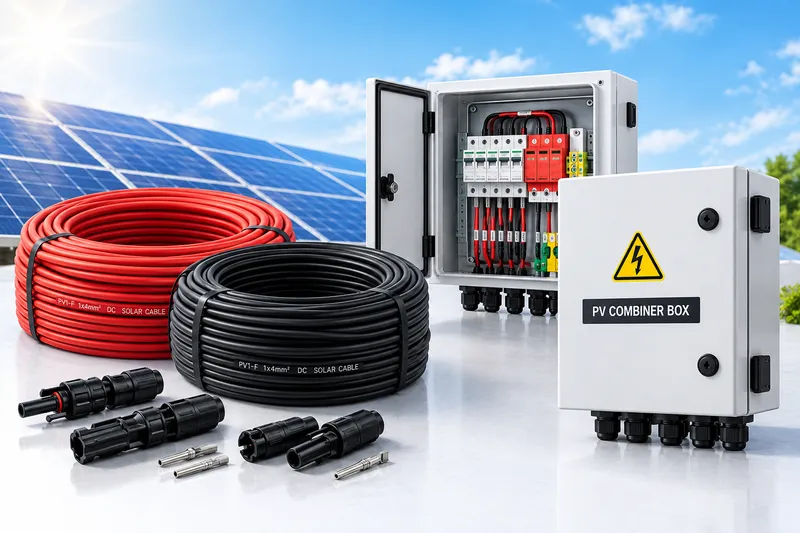 Solar PV DC cables, MC4 connectors and an IP66 combiner box with DC breakers
