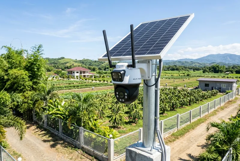 Solar powered 4G PTZ security camera overlooking perimeter