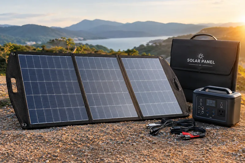 Folding monocrystalline solar panel kit with carry case and portable power station