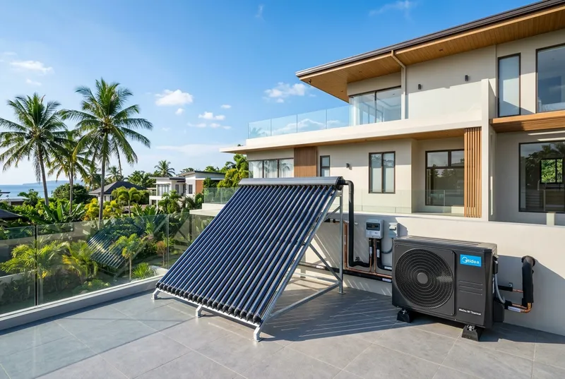 Evacuated tube solar water heater and air to water heat pump system